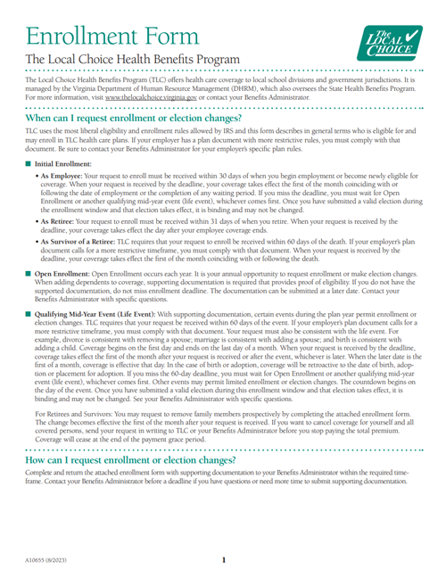 Front page of Enrollment Form for LCH Program